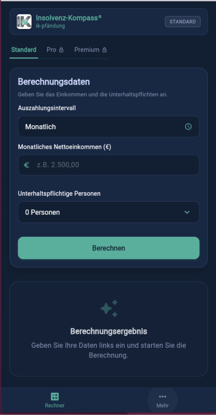 Pfändungsrechner Benutzeroberfläche